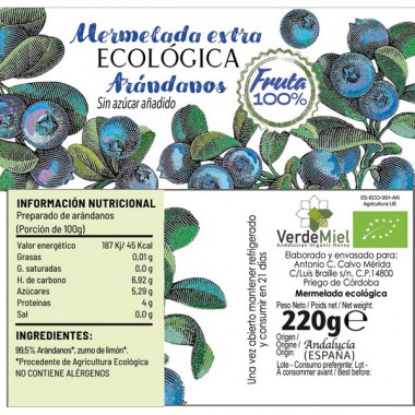 Mermelada ecológica Arándanos 100% Fruta sin azucar añadida