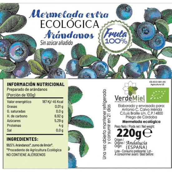 Mermelada ecológica Arándanos 100% Fruta sin azucar añadida