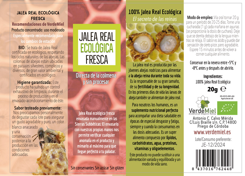 Envase de jalea real fresca ecológica VerdeMiel de 20 ml por 12€